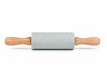 Gray rolling pin baking utensil with wooden handles isolated on white background