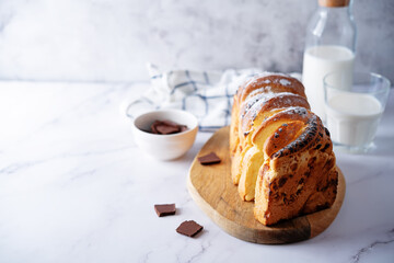 Pull Apart Bread with chocolate drops and powdered sugar