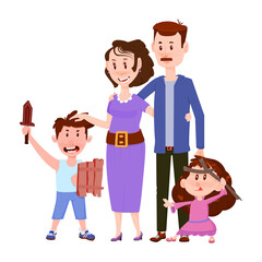 Happy married couple with children boy and girl - flat characters.