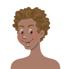 Portrait of a beautiful young smiling African American girl with short hair. In cartoon style. Isolated on white background. Vector flat illustration