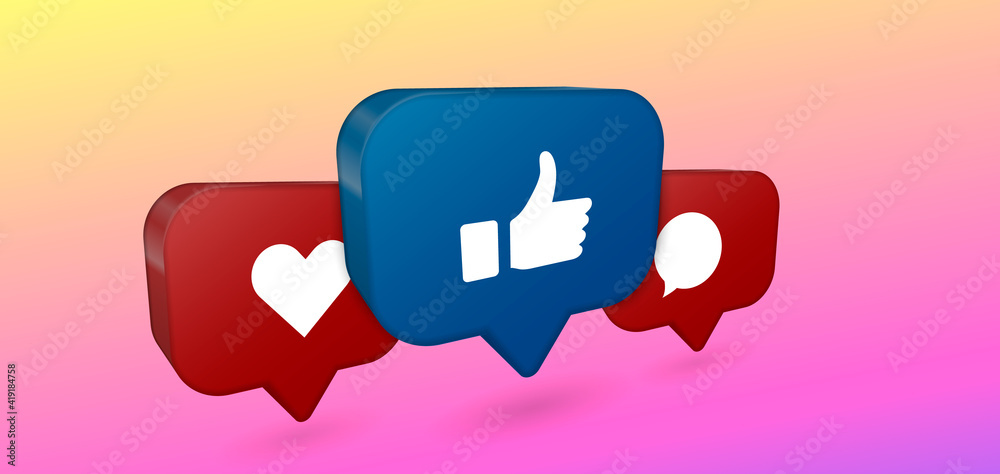 Poster 3d Mobile message notification, new alert vector icon. Smartphone notification set of icon, like icon, follower icon and comment. Communication in social networks.