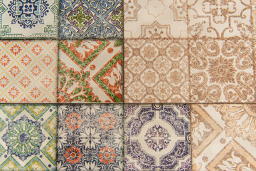 background of tiles with orient, multicolored ornamental pattern, top view