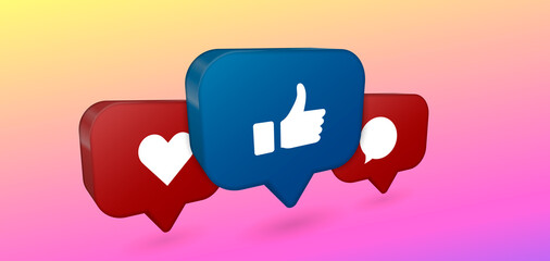 3d Mobile message notification, new alert vector icon. Smartphone notification set of icon, like icon, follower icon and comment. Communication in social networks.