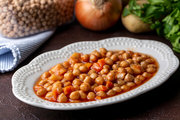 Traditional delicious Turkish food; Chickpea stew (Turkish name; Nohut pilaki)