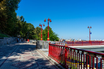 Pedestrian bridge over Dnypro river in Kyiv, Ukraine on August 30, 2020. 