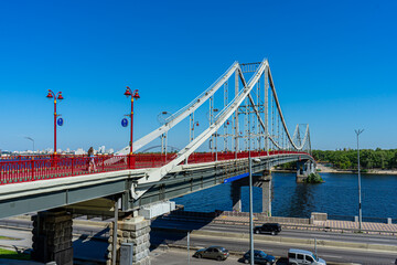 Pedestrian bridge over Dnypro river in Kyiv, Ukraine on August 30, 2020. 