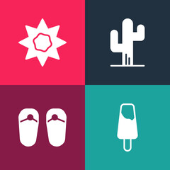 Set pop art Popsicle ice cream, Flip flops, Cactus and Sun icon. Vector.