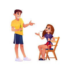 Guy with beer bottle flirting with girl with soda isolated cartoon characters. Vector two people relaxing with alcohol drinks, woman sitting on chair, young carefree dating teenagers, pair on weekend