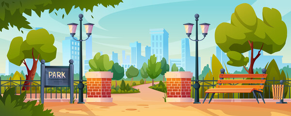 Entrance to city park, green trees and street lamps, skyscrapers on background. Vector urban garden with flower beds, wooden benches seat, summer or spring scenery. Hedge of bricks, seats, blue sky - obrazy, fototapety, plakaty
