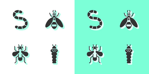 Set Larva insect, Worm, Insect fly and Bee icon. Vector.