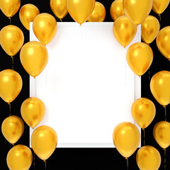 Flying yellow balloons around empty white blank card on black background. Festive template, holiday or party background. 3d rendering.