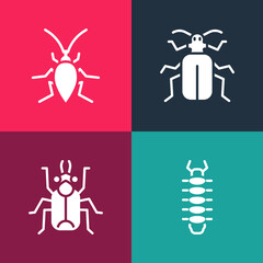 Set pop art Centipede, Beetle bug, Chafer beetle and Cockroach icon. Vector.