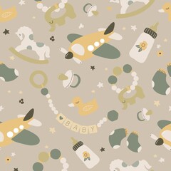 Boho newborn baby seamless pattern. Icons of baby items.