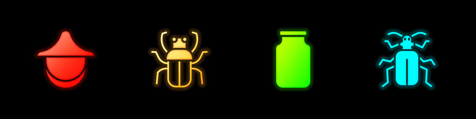 Set Beekeeper hat, Stink bug, Glass jar and Chafer beetle icon. Vector.