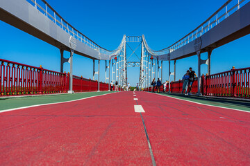 Pedestrian bridge over Dnypro river in Kyiv, Ukraine on August 30, 2020. 