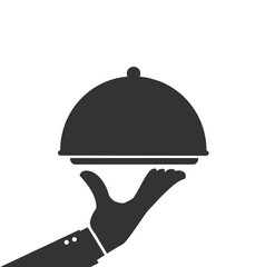 Waiter hand holding tray silhouette. icon Food serving restaurant concept. Vector stock