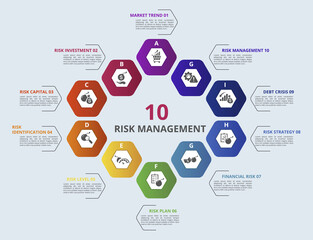 Infographic Risk Management template. Icons in different colors. Include Market Trend, Risk Investment, Capital, Identification and others.