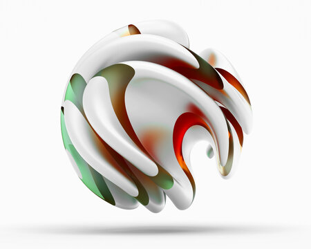 3d render of abstract art 3d ball in spherical organic curve round wavy smooth and soft bio forms in white aluminum metal material with matte glass parts in red and green gradient color on white back