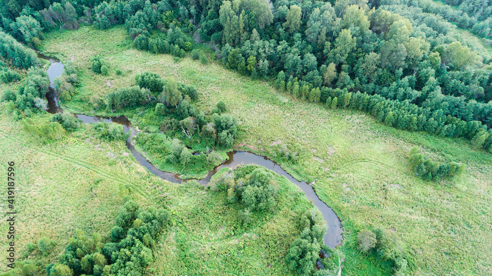 Poster aerial top view ecosystem of forest river and lake on meadow valley, texture of forest view from abo