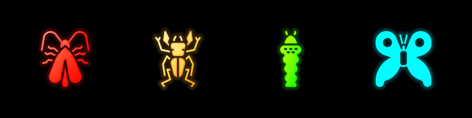 Set Clothes moth, Beetle deer, Larva insect and Butterfly icon. Vector.