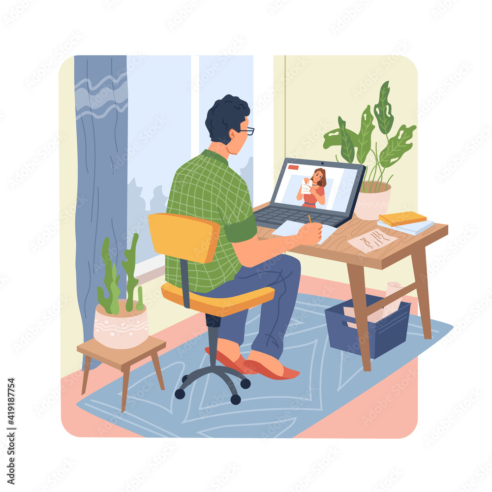 Poster online distance education at home man working at computer back view, studying, working and learning 