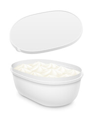 Plastic open bucket with ice cream, yogurt or pudding within. Packaging template illustration.