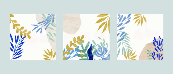Satz von 3 Illustrationsvektor ENV 10 handgezeichneter Druck. Gemalte abstrakte geometrische Formen. Zeitgenössischer ästhetischer Boho Mitte des Jahrhunderts moderner skandinavischer nordischer Kunstdesignstil mit botanischer Gartenpflanze © kknstudio