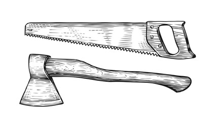 Ax and saw sketch. Carpentry tools in vintage engraving style