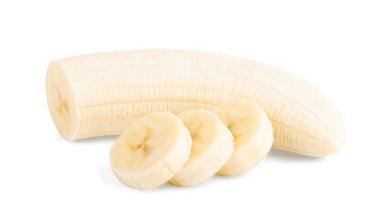 Ripe banana slices isolated on white background