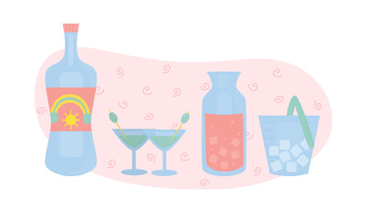 Set with martini botle, two glass with olive, ice and juice. Party, pub, restoraunt or club elements. alcohol coctail with vermouth. Vector illustration, isolated on a white background.