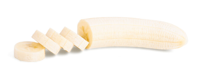 Ripe banana slices isolated on white background