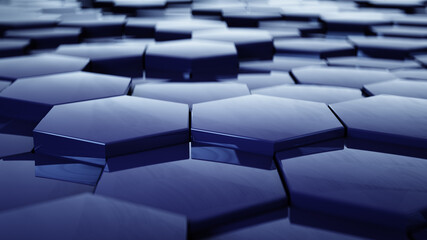 Fototapeta premium Abstract hexagon geometric surface, blue minimal texture. Digital banner design. Trendy sci-fi technology background. Abstract Honeycomb Background. 3d render