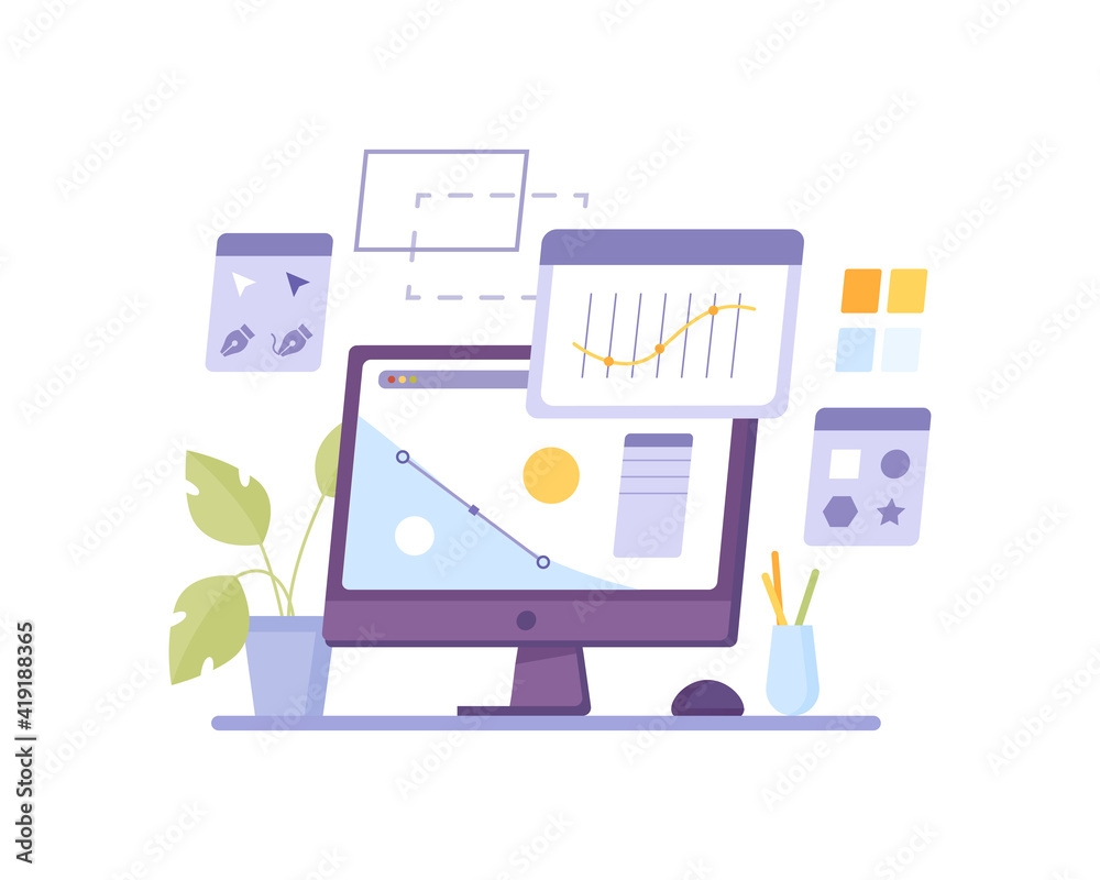 Aufkleber Design program computer isolated screen networking graphics and chat. Vector java script coding, corporate analyzing application, networking interface. Desktop with potted plant, stationery tools