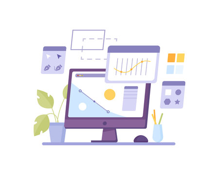 Design program computer isolated screen networking graphics and chat. Vector java script coding, corporate analyzing application, networking interface. Desktop with potted plant, stationery tools