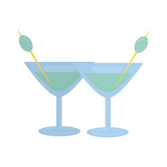 Two martini glass with olive. Party, pub, restoraunt or club element. alcohol coctail with vermouth. Vector illustration, isolated on a white background.