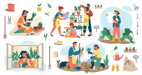 People planting flowers in garden, man and woman gardener s potting plants and veggies isolated flat cartoon set. Vector landscape designers and farming equipment. Spade, water can, flowerpots on sill