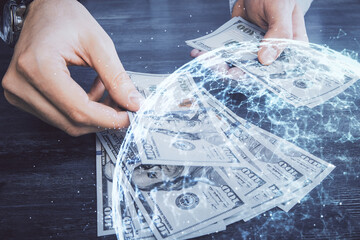 Multi exposure of social network theme drawing hologram and USA dollars bills and man hands.