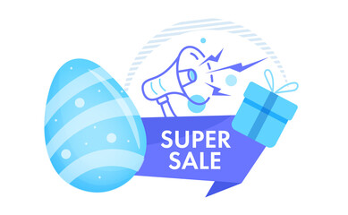Super Sale banner. Easter sale with a gift and a large egg, loudspeaker. For marketing, flyers, and web banners.