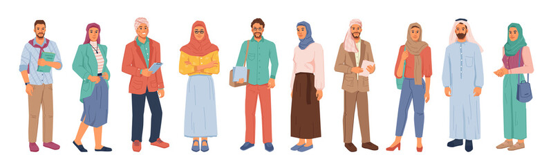 Modern muslim people, businessman and businesswoman isolated flat cartoon people set. Vector arabians in national and casual cloth, entrepreneurs from middle east, uae citizen in hijab or headscarf - obrazy, fototapety, plakaty