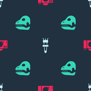 Set Photo camera, Torch flame and Dinosaur skull on seamless pattern. Vector.