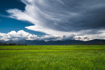 Green field by the mountains on a cloudy day. - 419189525