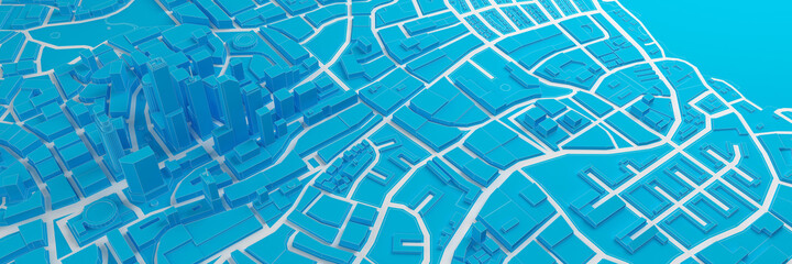 blue low poly city with white roads above view