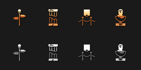 Set Road traffic signpost, Broken ancient column, Picture and rope barrier and Ancient bust sculpture icon. Vector.