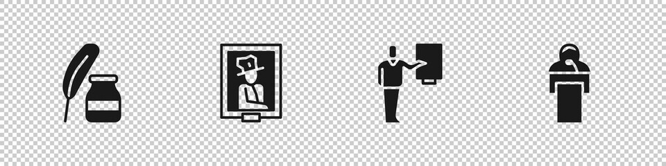 Set Feather and inkwell, Portrait museum, Museum guide and Gives lecture icon. Vector.