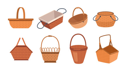 Picnic basket set isolated empty wicker containers in flat cartoon style. Vector traditional lunch or dinner baskets, handmade objects to carry food and drinks. Easter shopper grocery shopping bag