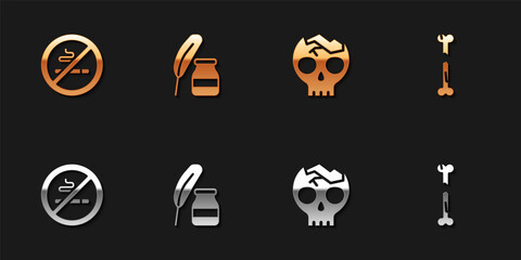 Set No Smoking, Feather and inkwell, Broken human skull and Human broken bone icon. Vector.