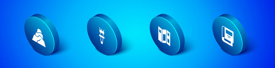 Set Isometric Rock stones, Museum guide brochure, History book and Torch flame icon. Vector.