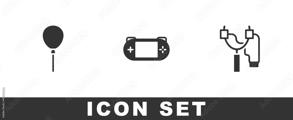 Poster set balloons with ribbon, portable video game console and slingshot icon. vector.