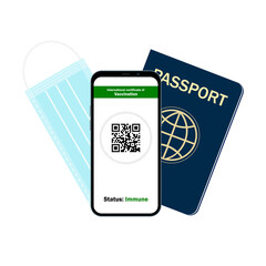 Traveler shows health passport of vaccination certification on phone at airportcovid-19. status: Immune. Vector illustration.