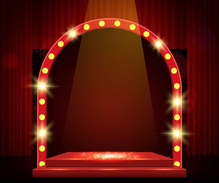 Background With Red Curtain, Podium And Retro Arch Banner. Design For Presentation, Concert, Show